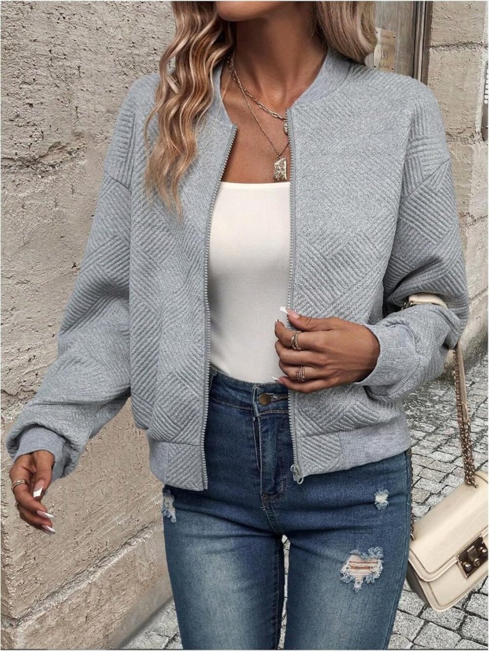 Women's Grey Ribbed Cuffs Long Sleeve Aviator Baseball Neckline Bomber Jacket - Picture 3 of 5